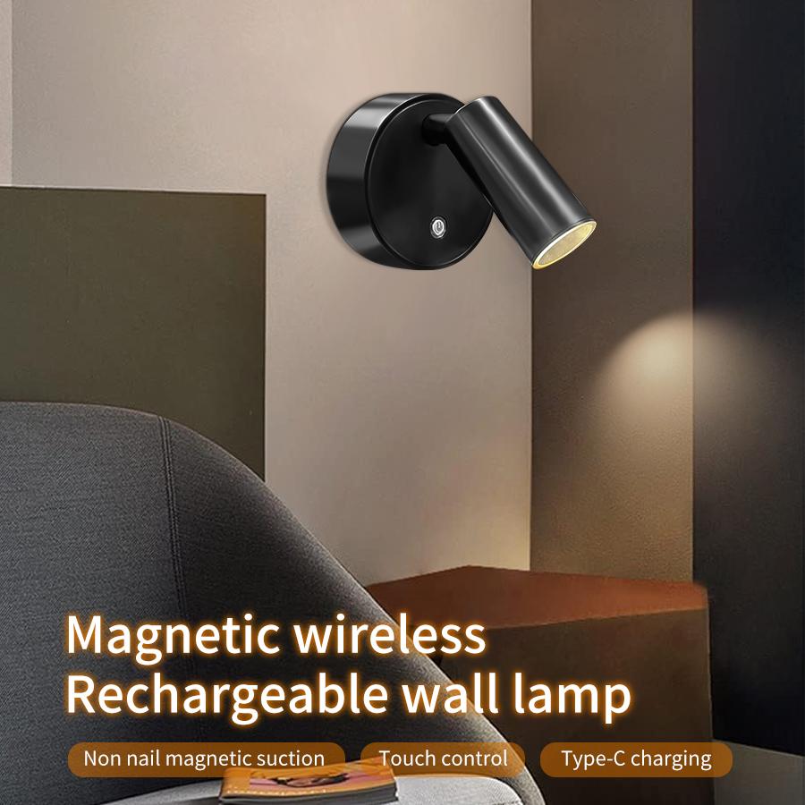

USB Rechargeable LED Wall Light No Wire No Punch Magnetic Spotlight Touch Switch Dimmable 3 Colors 360° Rotation Bedside Lamp чёрный