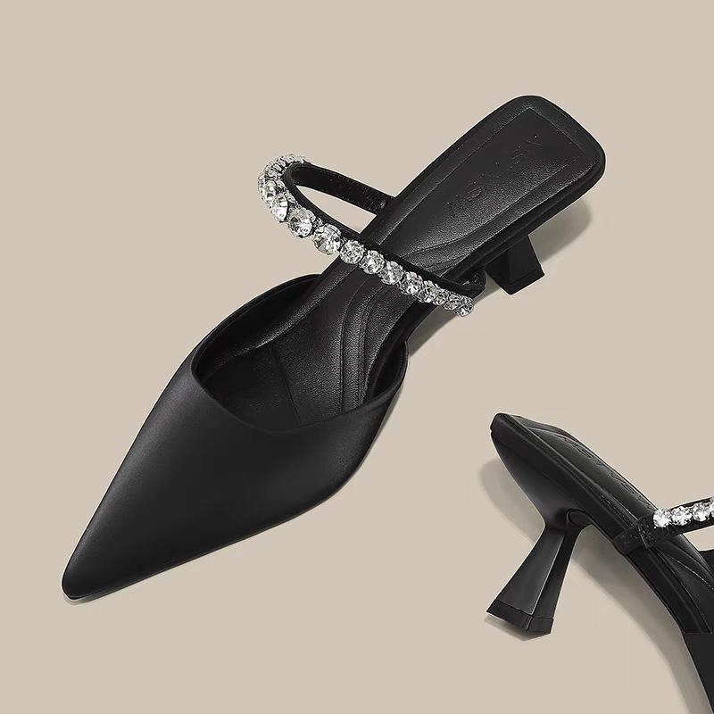 Pointed rhinestone low-heeled shoes girl 2025 new nude French fairy wind bag head half slippers one pedal women's shoes