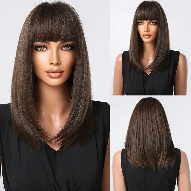 Blonde Silky Straight Synthetic Wigs with Bangs Medium Long Natural Platinum Wig for Women Cosplay Heat Resistant