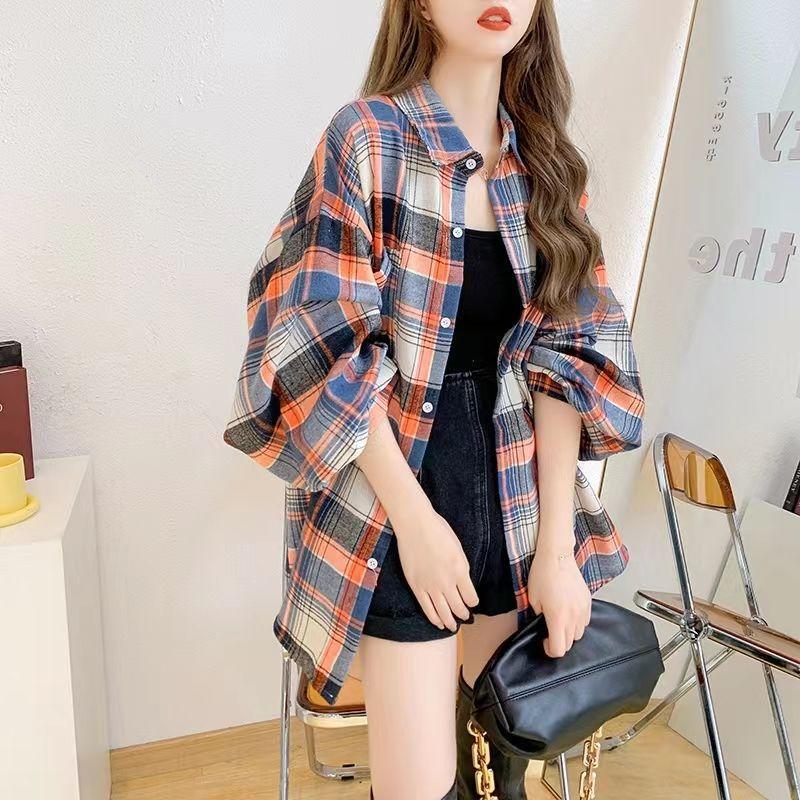 Spring and Autumn 1116 New Vintage Hong Kong Flavor Plaid Shirt Women's Long Sleeve Loose Design Abraded Shirt Jacket