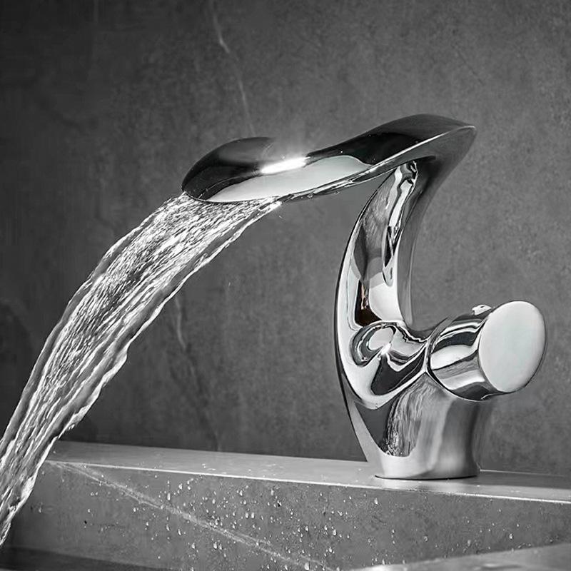 Rubinetto per Lavabo da Bagno a Cascata in Ottone Installazione su Piano Miscelatore Caldo e Freddo Maniglia Singola Oro Spazzolato/Grigio Rubinetto per Lavabo