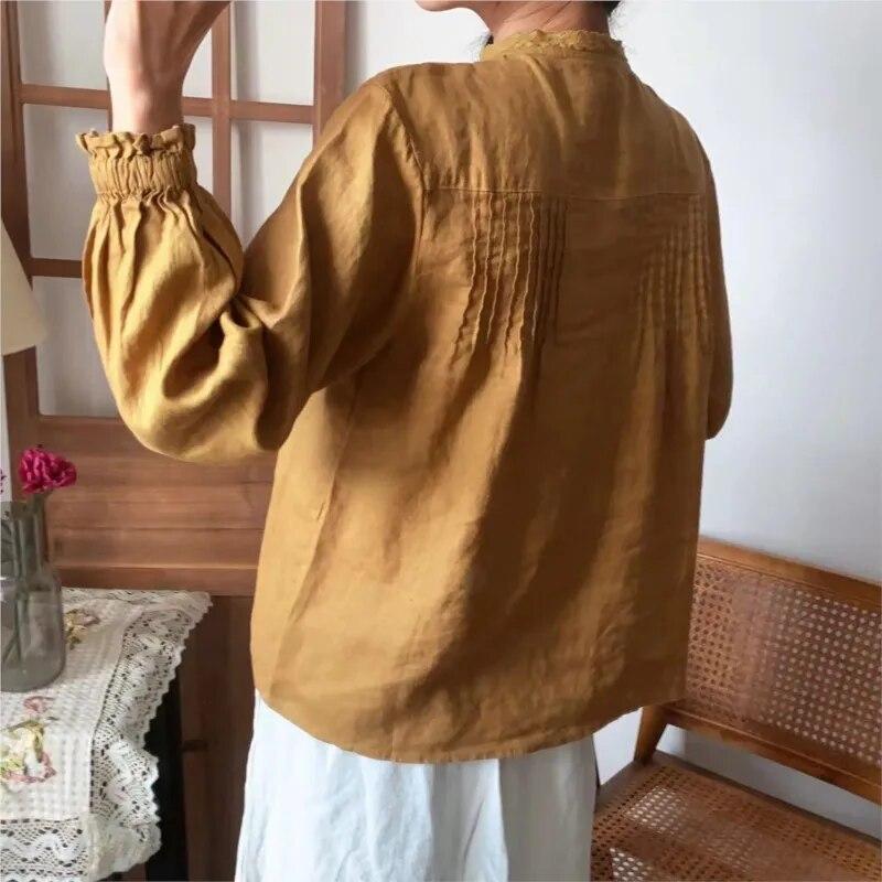 Johnature Frühling Frauen Shirts Tops Vintage Rüschen Casual Lose Plissee Feste Farbe Alle Spiel Frauen Blusen