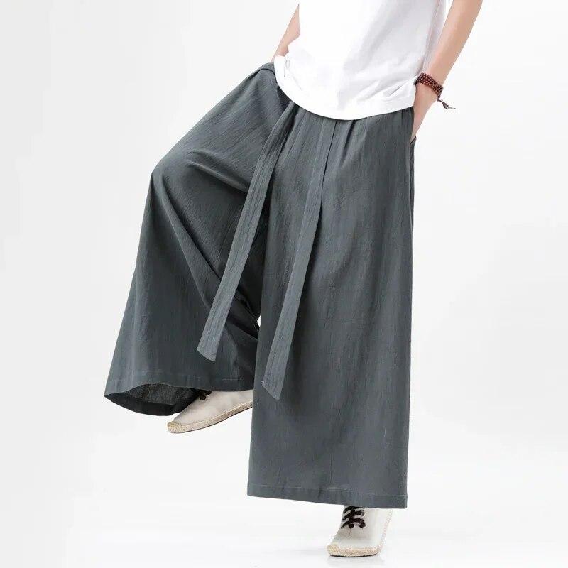Chinese Tang Cotton Linen Trousers Men's Day Kimono Trousers Street Retro Wide Leg Comfortable Kung Fu Martial Arts Trousers
