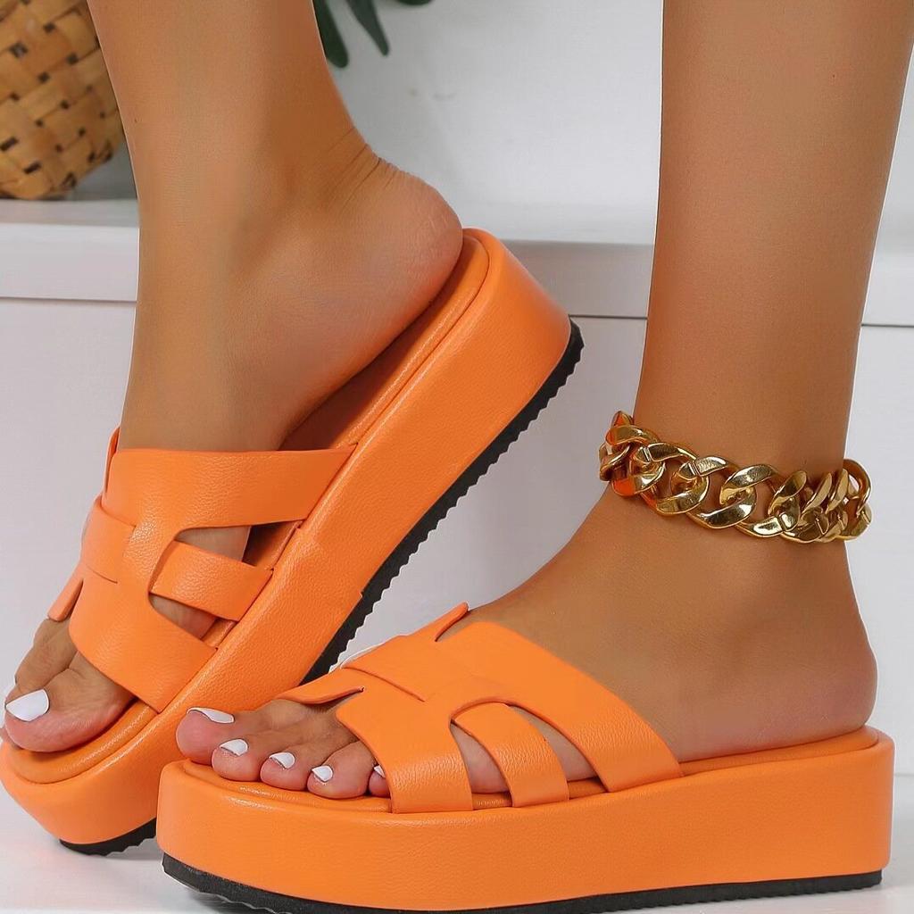 2025 New Casual One-character Solid Color European, American Amazon Slippers Foreign Trade Large Size Thick-soled Slippers Women