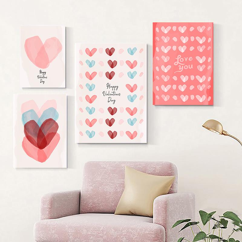 Valentine's Day Pink Heart Wall Art Simple Nordic Canvas Painting Boho Holiday Gift Ladies Poster For Living Room Decoration