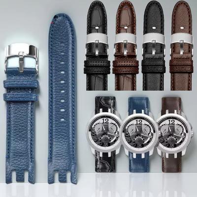 21mm Bleu blanc Extrémité courbée Cuir de vache Accessoires de bracelet de montre pour homme Pour Swatch Bracelet de montre en cuir véritable YRS403 401 402G 412 418 406G