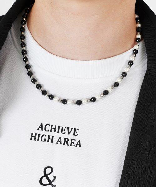 Acha Surgical Steel Pearl & Onyx Mix Necklace _ Silver
