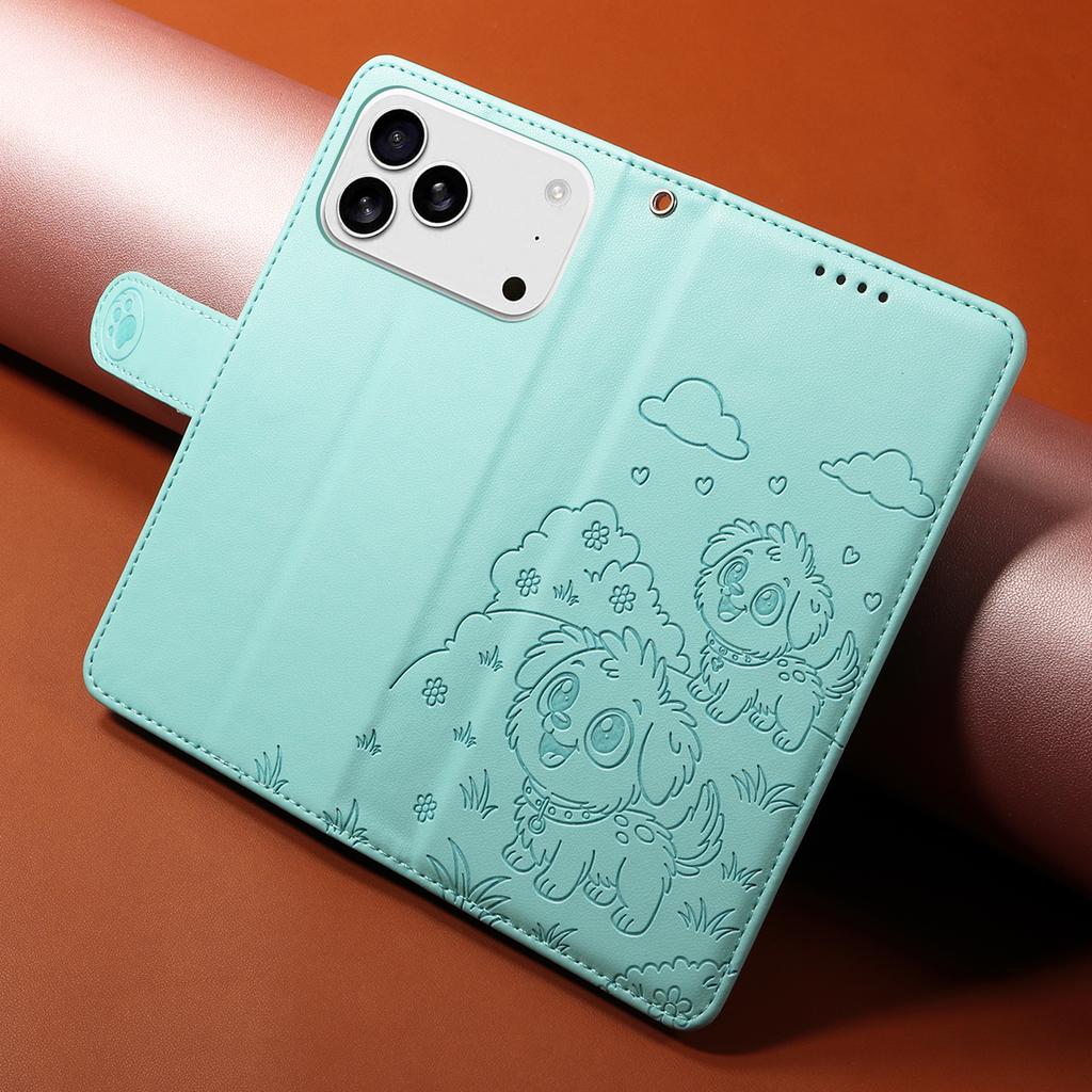 For iPhone 17 Pro Case RFID Blocking Imprinted Dog Pattern PU Leather Phone Cover with Wrist Strap