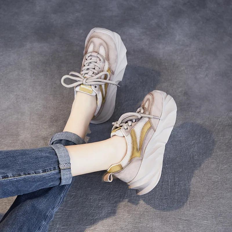 Fashion 5.5CM Women Mixed Colors Genuine Leather Spring Casual Sneakers Lace-Up Air Mesh Thick Sole Wedges College Style Platform Shoes
