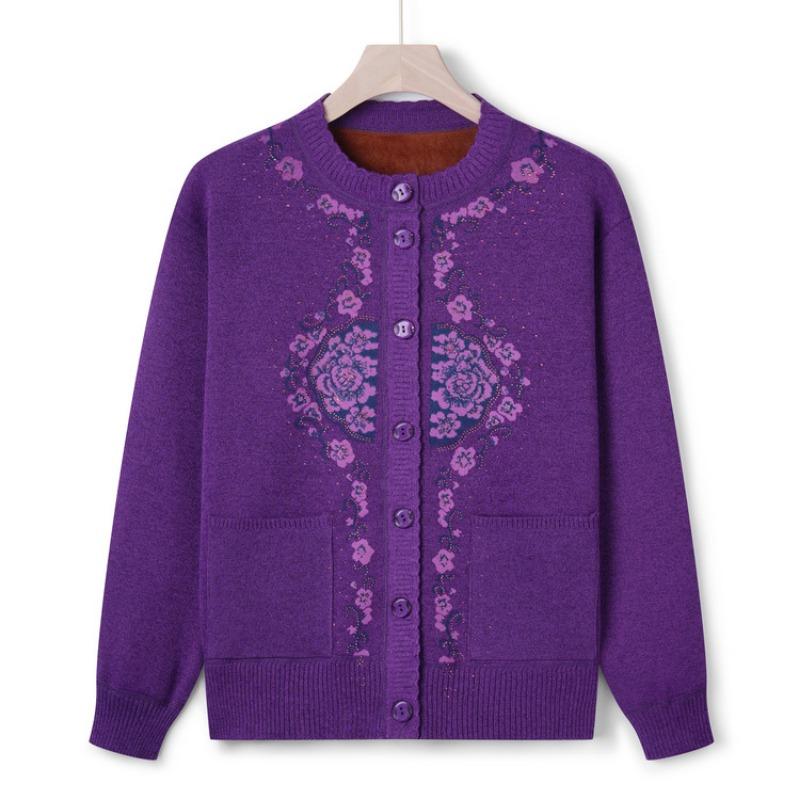 Grandma Autumn and Winter Sweater Women's Middle-aged and Old Knitted Sweater Fleece Cardigan Jacket the Elderly Mother's New Thickened Top