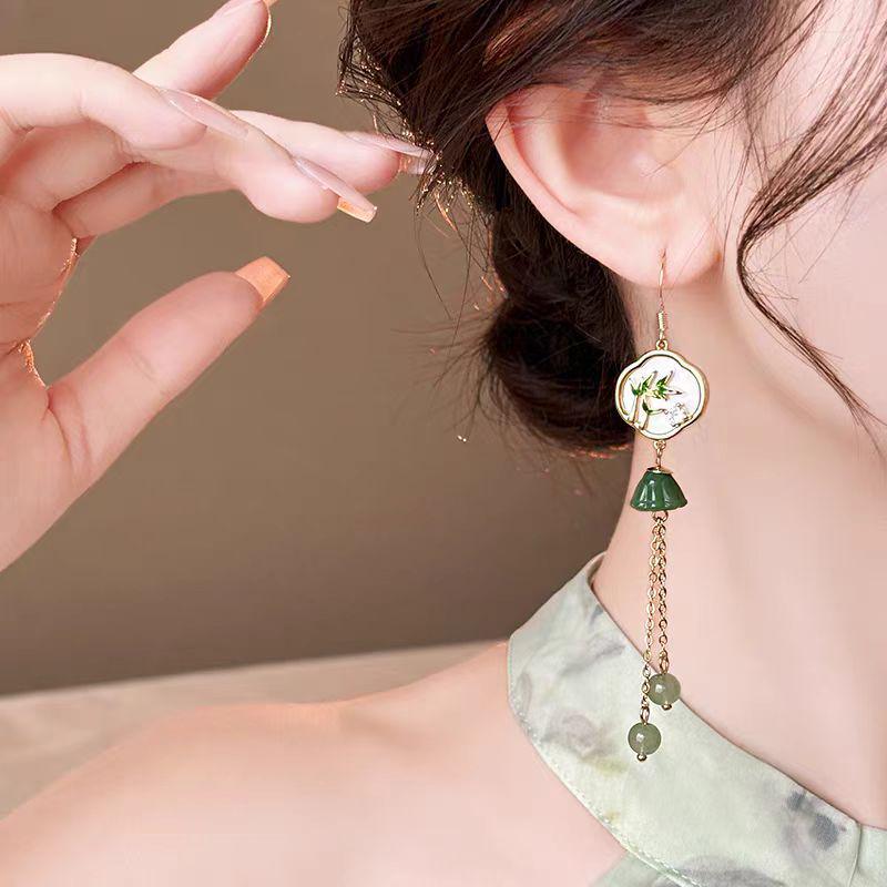 Chinese Emerald Tassel Lotus Pod Earrings: Unique, Long Style, Versatile Fashion Accessory for Women