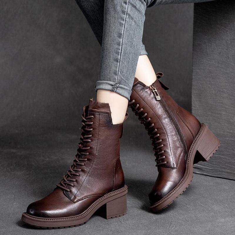 Fashion GKTINOO 2025 Cow Leather Quality Women Shoes Autumn Winter Square Med Heel Ankle Boots Lace Up Zipper Ladies Pumps Size 35-40