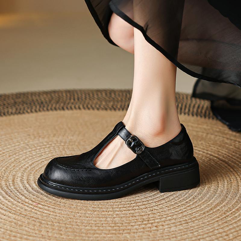 Krazing Pot Sheepskin Round Toe Size 42 Thick Med Heels Slip on Platform Gladiator Metal Buckle Autumn Pumps