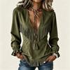 Women's Fashion V-Neck Long Sleeve Top with Trim