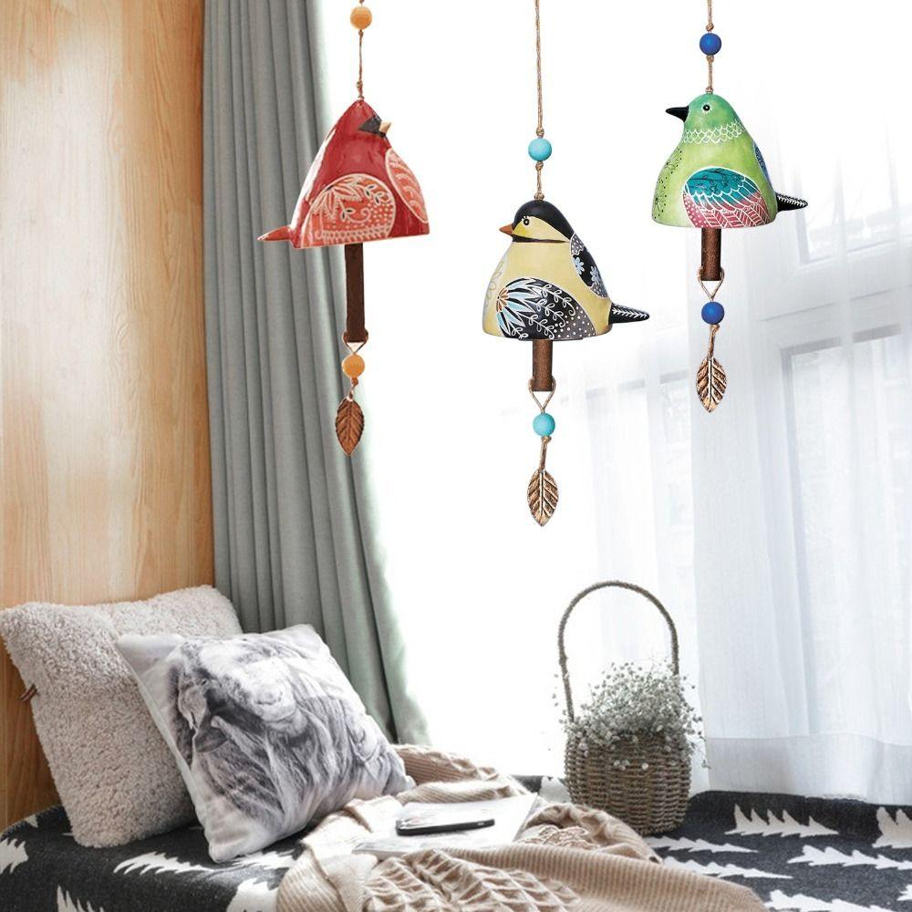 Resin Bird Song Bell Hand Painted Exquisite Painted Wind Chime Pendant Style Cartoon Design Hanging Ornaments Wall Decoration
