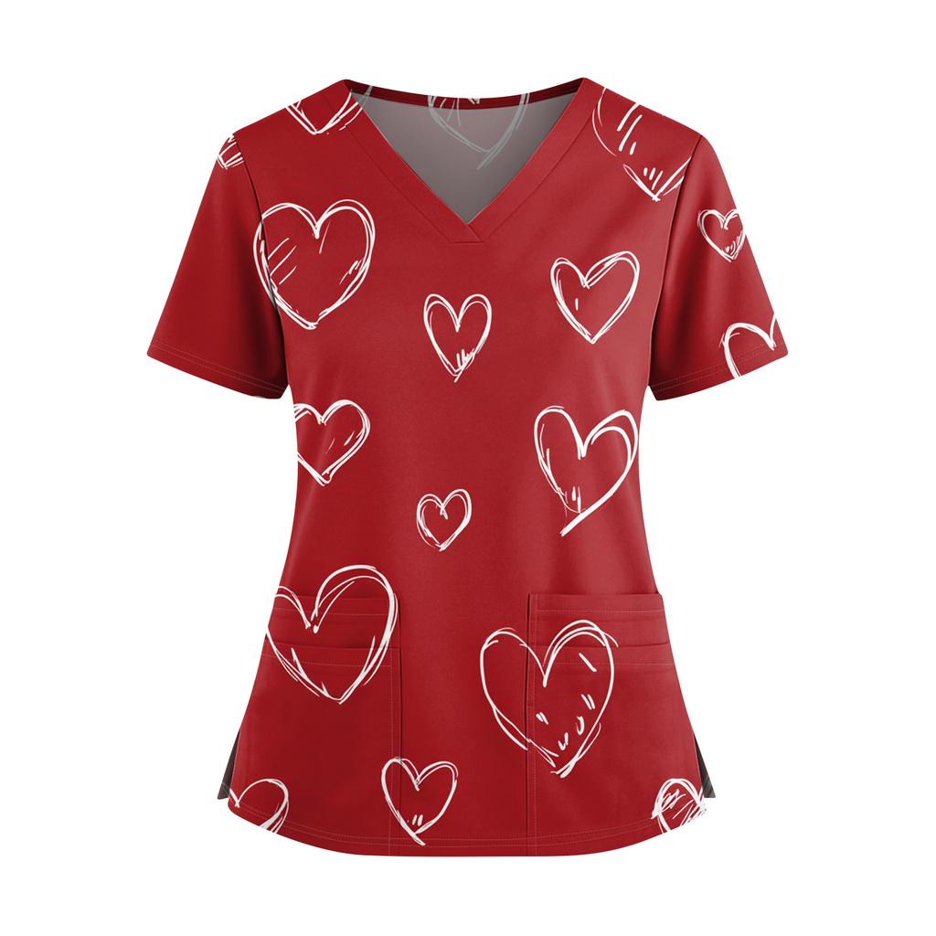 Women's Valentine's Day  Printed V-Neck Double Pocket Short Sleeves Hem Slit  Uniform Caregiver Top
