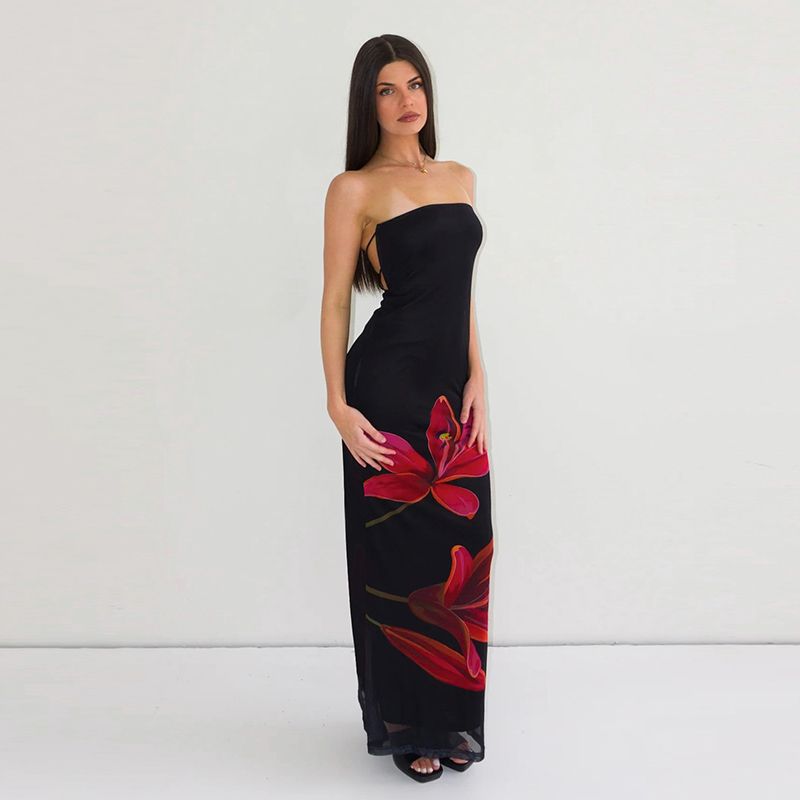 

Shemoda Double-Layer Mesh Printed Tape Lined off-Neck Tube Top Dress Lace Backless Slim Fit Long Skirt Black S