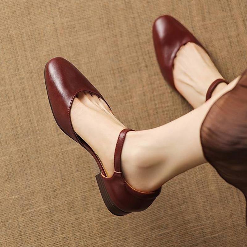 Krazing Pot Cow Skin Round Toe Low Heels Summer Shoes Big Size 42 Ankle Straps Women Pumps