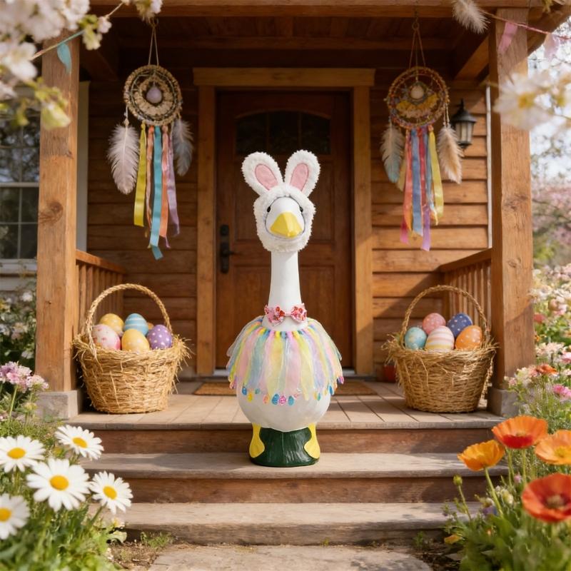 Easter Porch Geese Dress Costume with Dress Hat Bowtie Porch Geese Statue Outfit For Garden Yard Festival Decoration