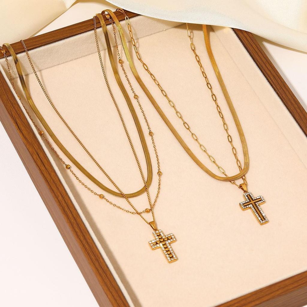 Trendy Simple Stackable Double Layer Gold Cross Necklace