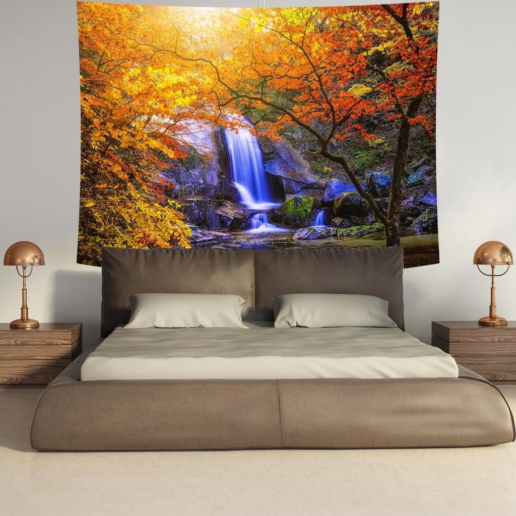 Colorful Autumn Forest Tapestry Waterfall and Orange Trees Scene Water Resistant Fabric Seasonal Nature Theme Wall Hanging