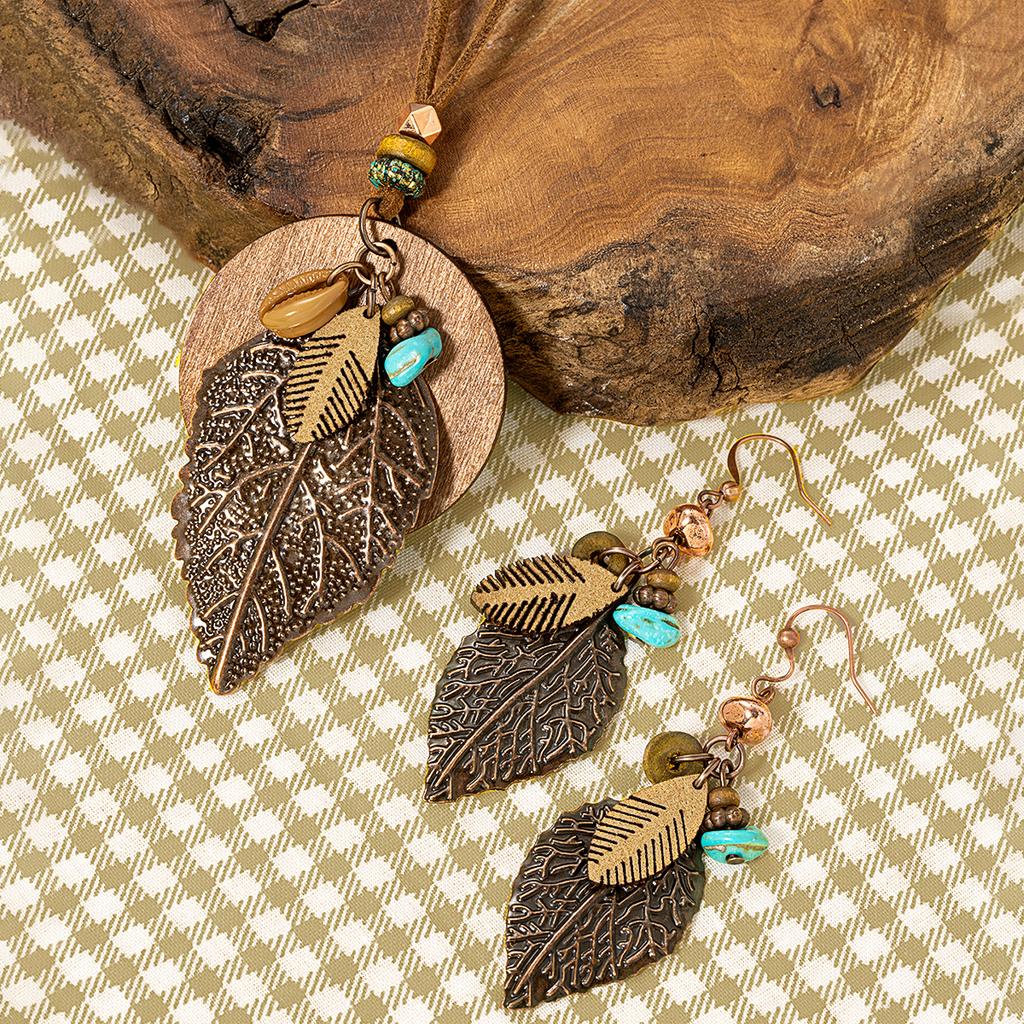 Melad Color Leaf Shaped Wooden Pendant Necklace Earrings Ethnic Style Velvet Rope Woven Women's Jewelry Set