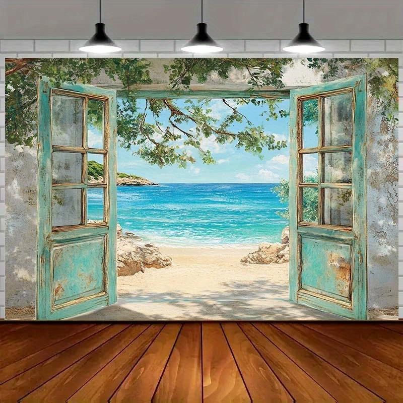 1pc, 2D flat, sea view window beach theme background - for photography background, home decoration, summer decoration, wsj