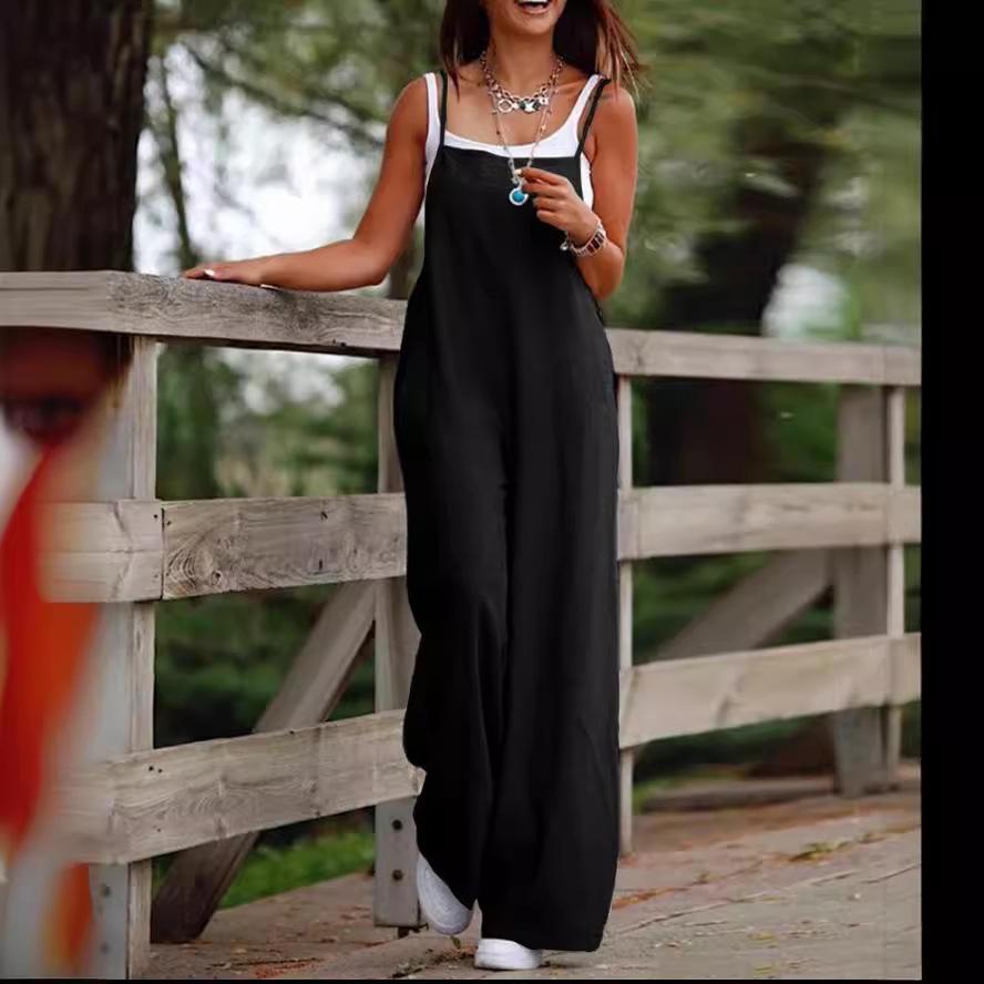 2024 Women's Cotton-Linen Casual Pocket Suspender Jumpsuit