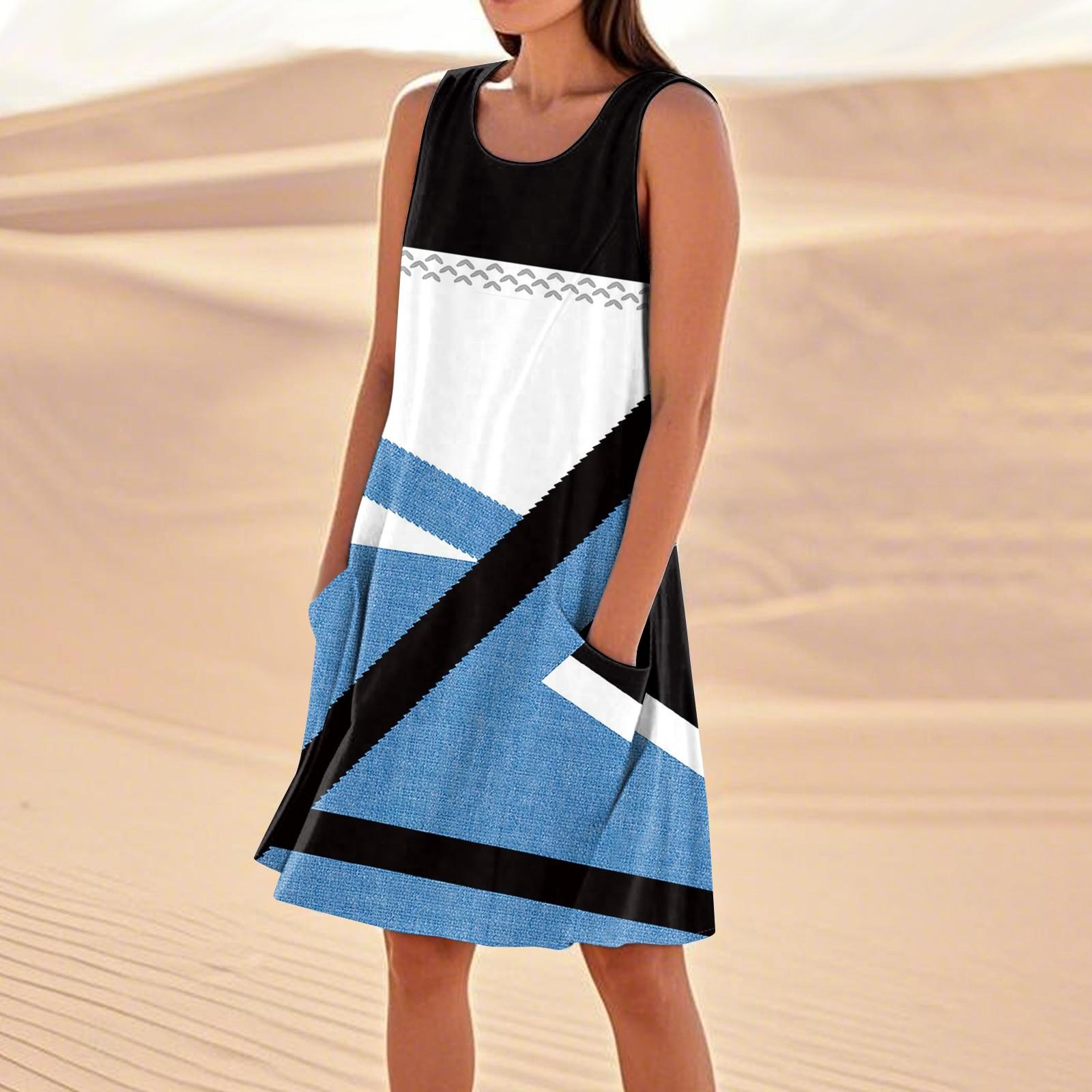 

Летние платья для женщин, свободные пляжные повседневные сарафаны без рукавов с карманами, платье-майка S синий