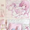 Pink Kawaii Anime Girl Tapestry Sweet Pastel Aesthetic Wall Hanging Cute Heart Bow Pattern Wall Tapestry for Bedroom Dorm Room