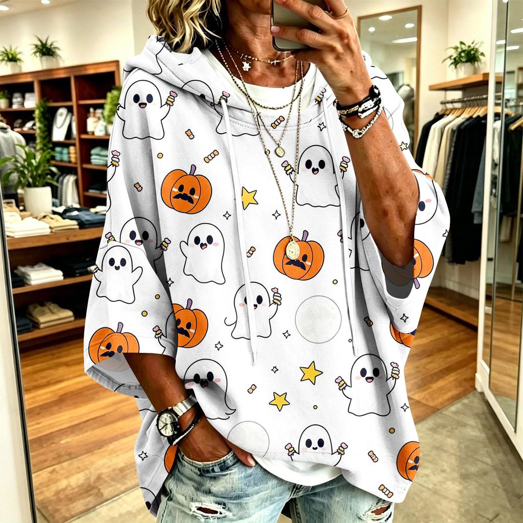 Women's Hoodie with Halloween Print, Loose Fit Casual Pullover Top