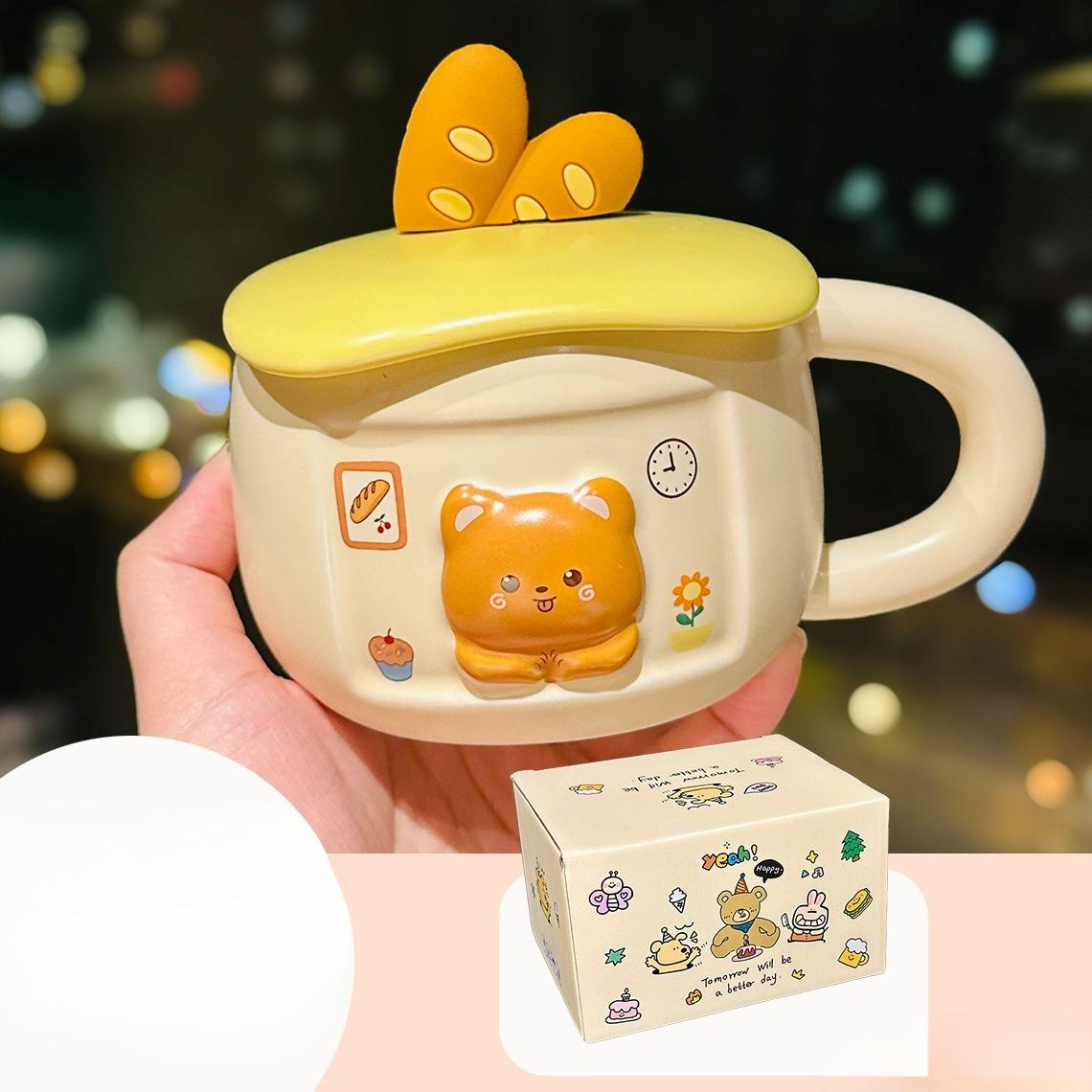 

Cute Ceramic Mug with Lid Creative Household Milk Oatmeal Cup Cheese Bread Cute Bear Cartoon Cup Souvenir 400ml