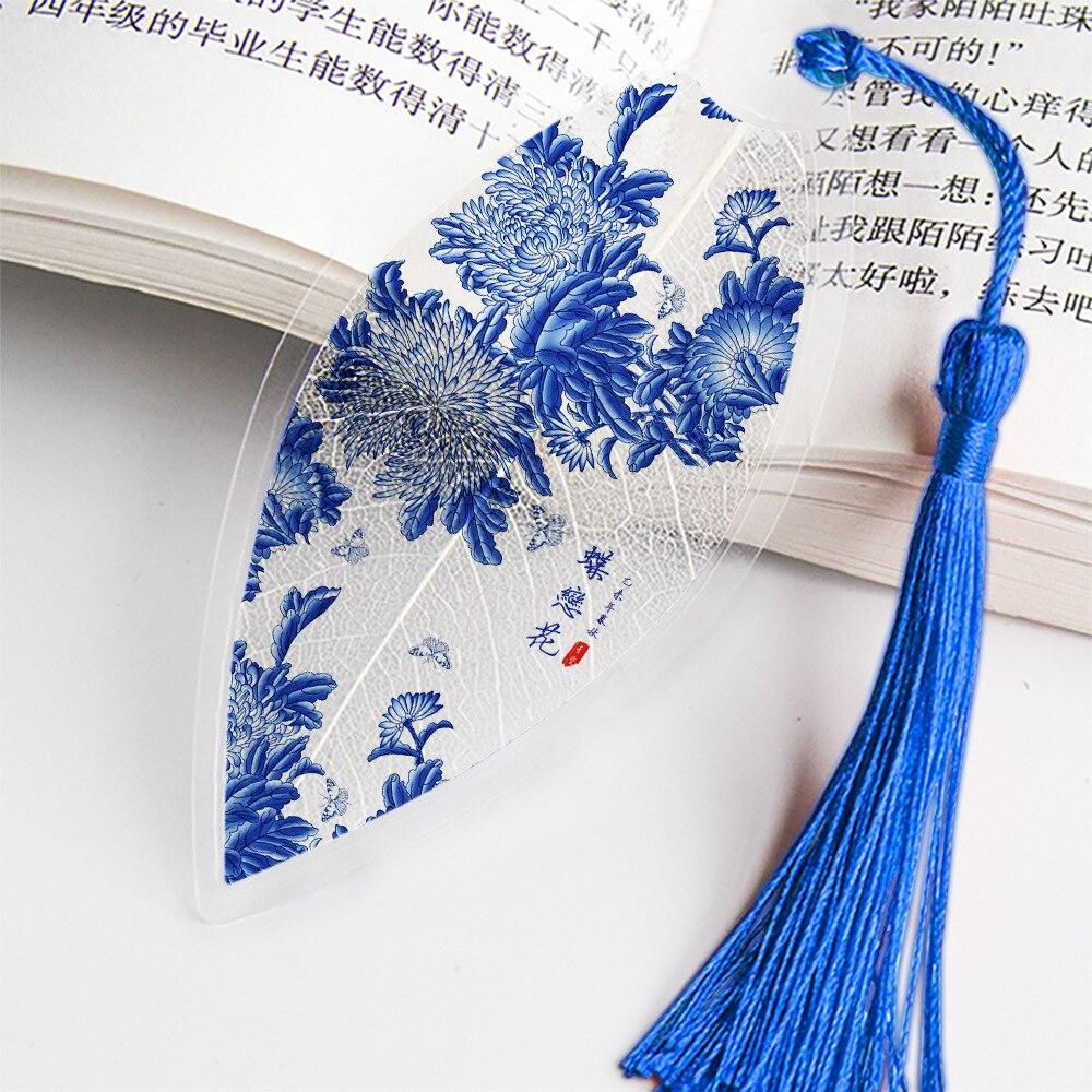 1PC Creative Chinese Archaic Bookmark with Tassels Pretty Blue and White Porcelain Leaf Vein Gift or Friend Student School Supplies