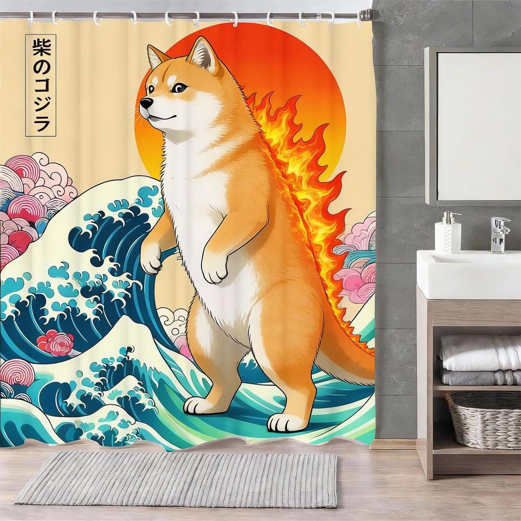 Japanese Cat Shower Curtain, Vintage Anime Sunset Wave Art, Waterproof Fabric with Hooks