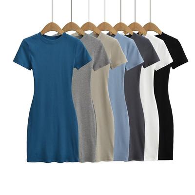 Trendy Women's Round Neck Bodycon Dress - Short Sleeve, Slimming, Waist-Tie, Solid Color, Summer Style