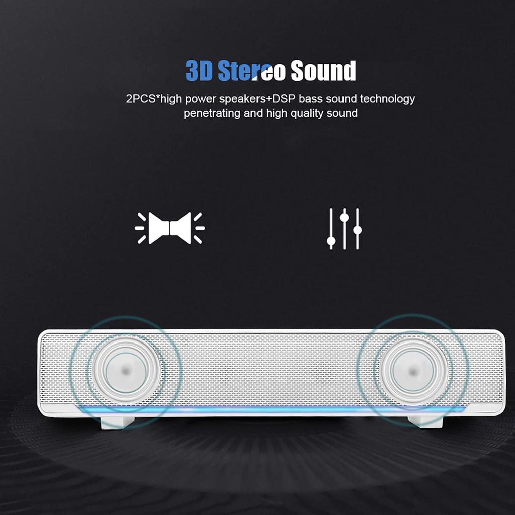 USB Wired Stereo Soundbar with Music Player, Surround Bass DSP Technology, 3.5mm Input, for Home and Car Use, White