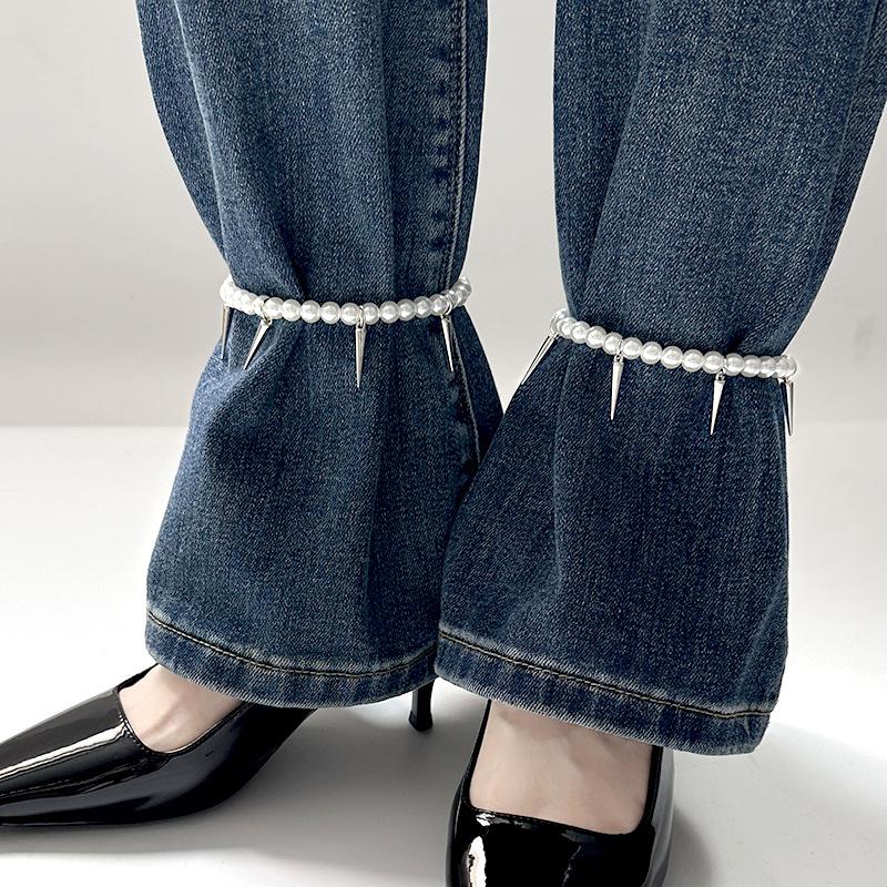 Imitation Pearl Anklet Trouser Chain With Spike Charms Adjustable Punk Style Ankle Bracelet Women Jeans Decor Fashion Jewelry