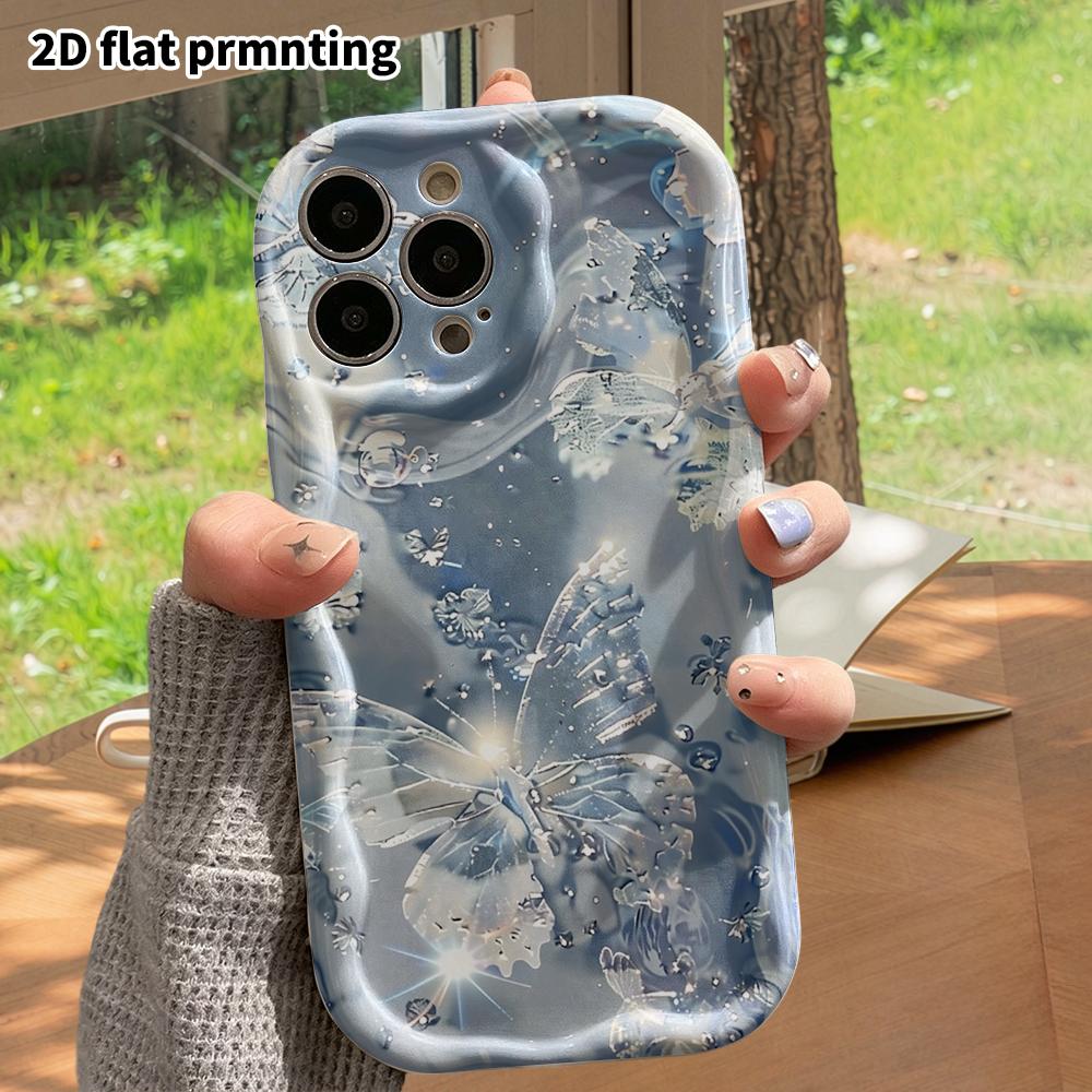Phone Case: 2D Flat, Suitable for iPhone 18 17 16 15 14 13 12 Pro Protective Case, Phone Decoration, Silver-blue Crystal Butterfly, Halloween and Chri