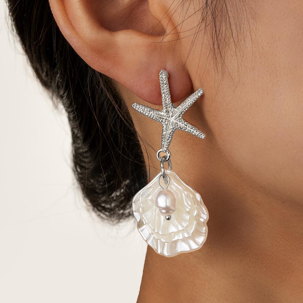 Summer Beach Vacation Style Alloy Starfish Pendant Imitation Pearl Scallop Tassel Earrings for Women Fashion Accessorie Jewerly