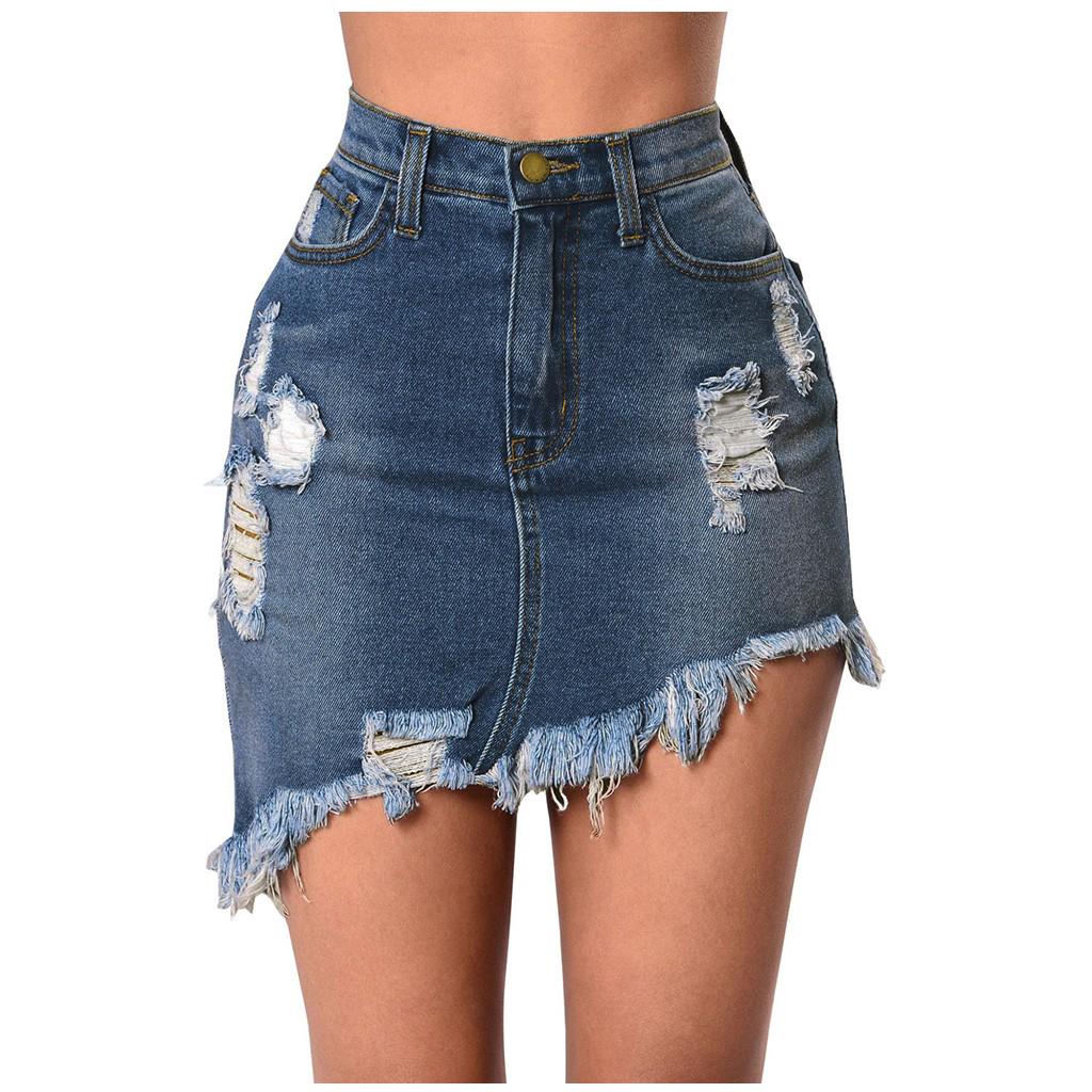 Fashion Women Solid Blue High Waist Buttons Leisure Short Casual Mini Skirt
