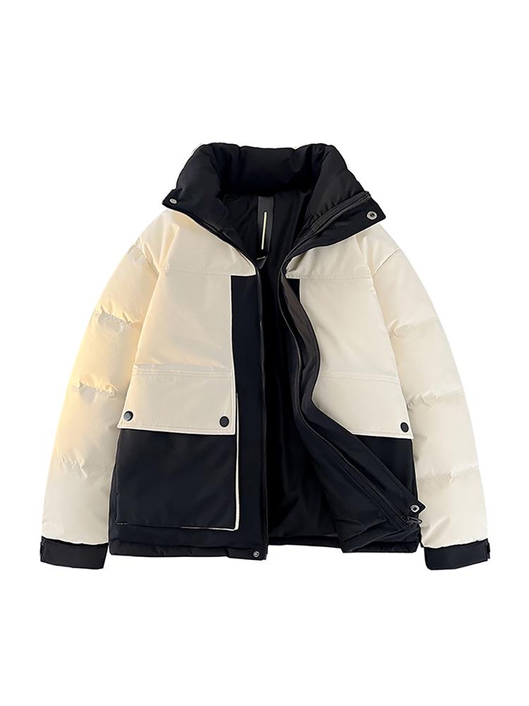 Men's Hooded Down Jacket, New Winter 2025 Color Block, Warm Thickened Workwear with Stand Collar