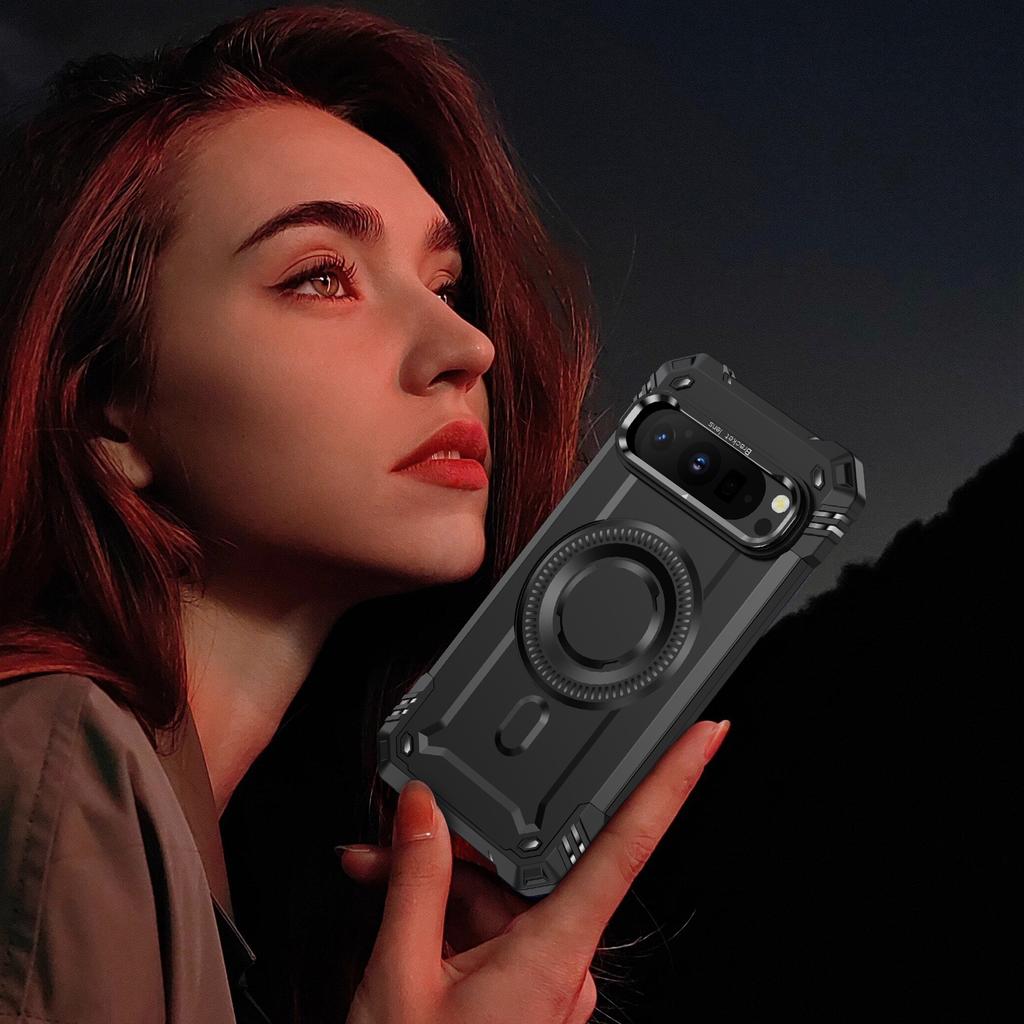 For Google Pixel 9/9 Pro Case Compatible with MagSafe Metal Lens Frame Kickstand PC+TPU Mobile Cover