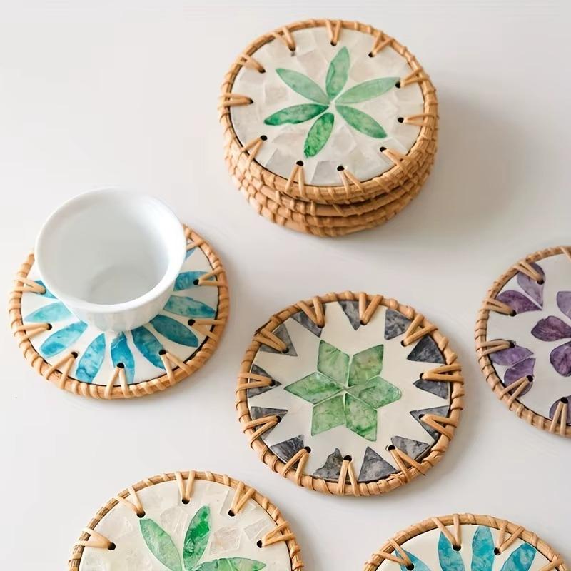 6pcs Handmade Resin Coasters Set Heat-Resistant Table Protectors with Shell Mosaic Leaf/Round Patterns Boho Coaster Party Decor