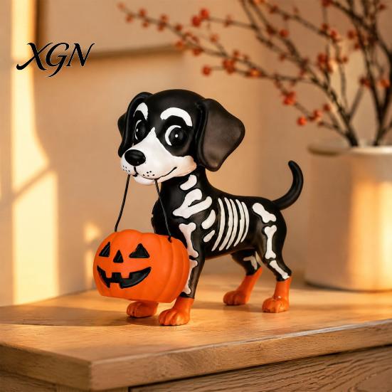 Milchtee Geist Geschenk Halloween Figur, Niedliche Lese Statue, Ornament mit Harz Sammlerstück Kürbis Eimer, Skelett Welpe Tischdeko