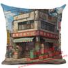 Cartoon Straßenecke Leinen Kissenbezug Japan Architekturstil Heimdekoration Wohnzimmer Sofa Dekokissen Hülle 45x45cm