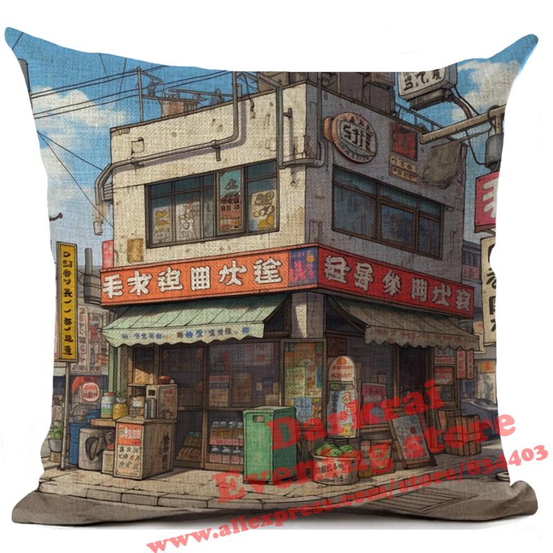 Cartoon Straßenecke Leinen Kissenbezug Japan Architekturstil Heimdekoration Wohnzimmer Sofa Dekokissen Hülle 45x45cm