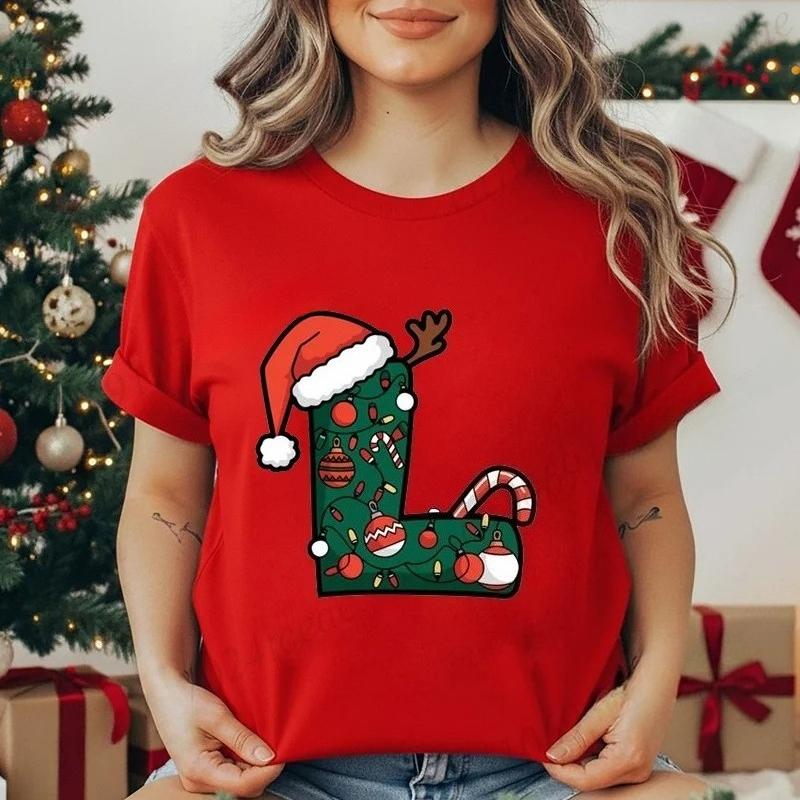 Festive Christmas Alphabet Letter Santa Hat Print Tshirt for Women Fashion T Shirt Streetwear Female Clothes Casual clothing