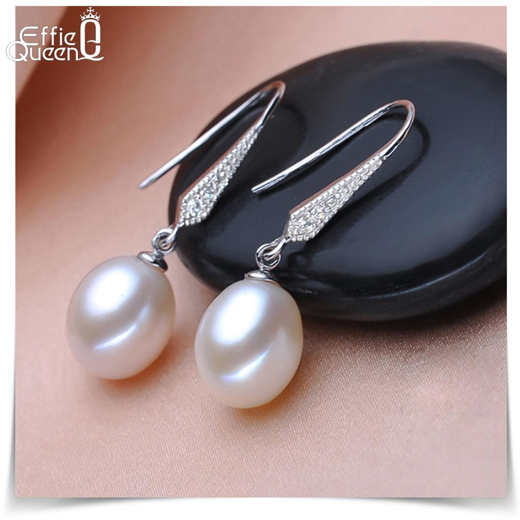 Effie Queen 925 Pure Silver Oval Freshwater Pearl Dangle Earrings WithZirconia Fine Jewelry for Women Banquet Party Gift GPE01