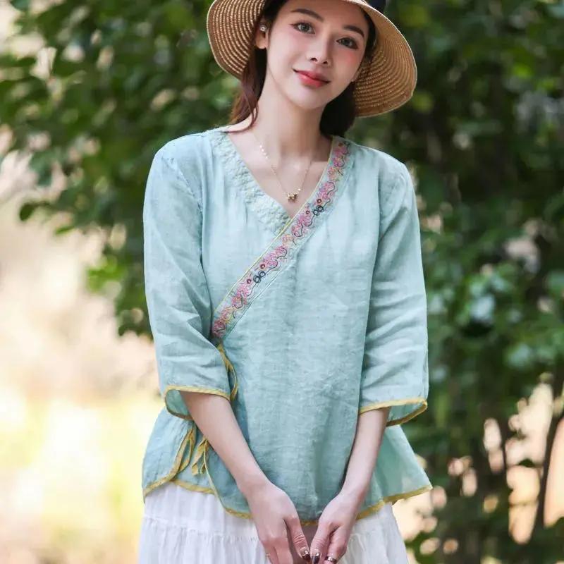 Women's Summer Embroidery Sunscreen Ethnic Small Shirt Vintage Tie Loose V-Neck Tops
