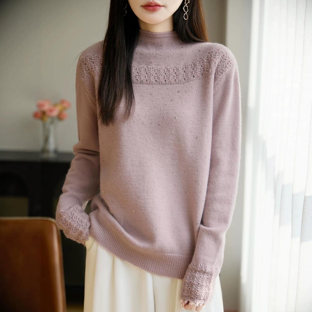 Elegant Rhinestone Embellished Crochet Sweater with Hollow-Out Design - Perfect for Autumn/Winter